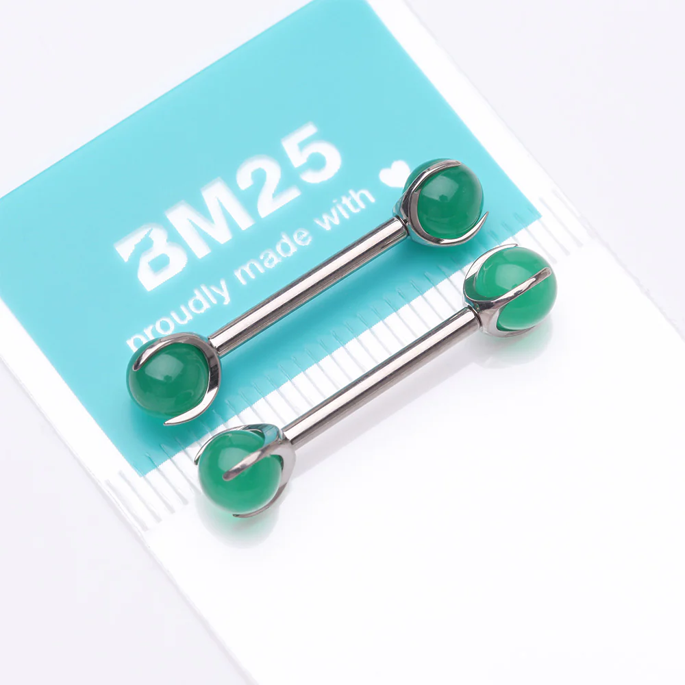 A Pair of Implant Grade Titanium Green Jade Stone Ball Claw Prong Internally Threaded Nipple Barbell - Image 5