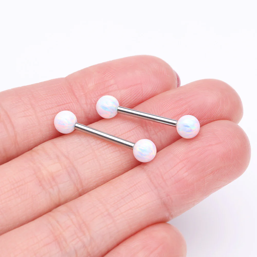 A Pair of Implant Grade Titanium Iridescent Fire Opal Ball Internally Threaded Nipple Barbell - Image 3