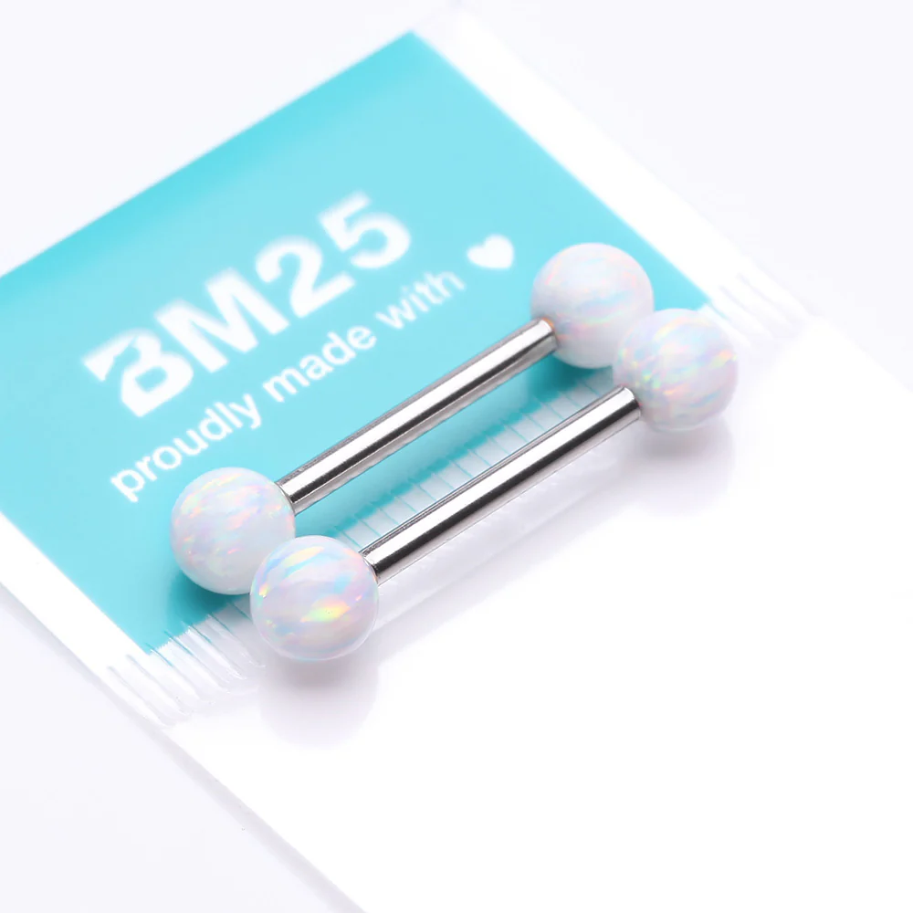 A Pair of Implant Grade Titanium Iridescent Fire Opal Ball Internally Threaded Nipple Barbell - Image 4