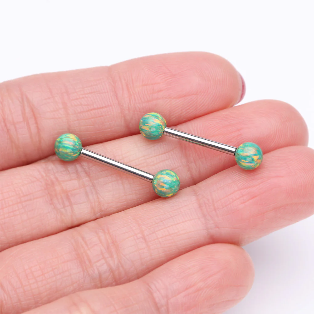 A Pair of Implant Grade Titanium Iridescent Fire Opal Ball Internally Threaded Nipple Barbell - Image 3