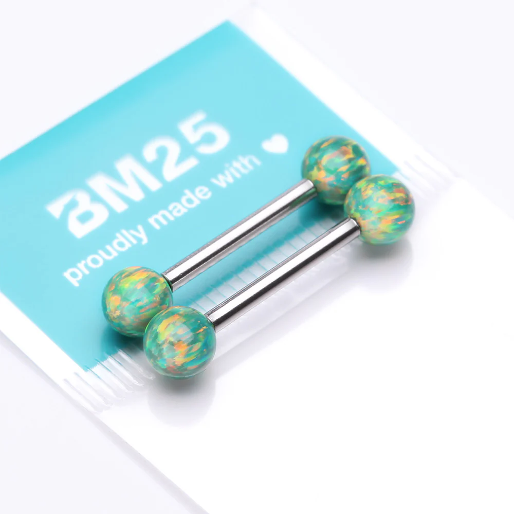 A Pair of Implant Grade Titanium Iridescent Fire Opal Ball Internally Threaded Nipple Barbell - Image 4
