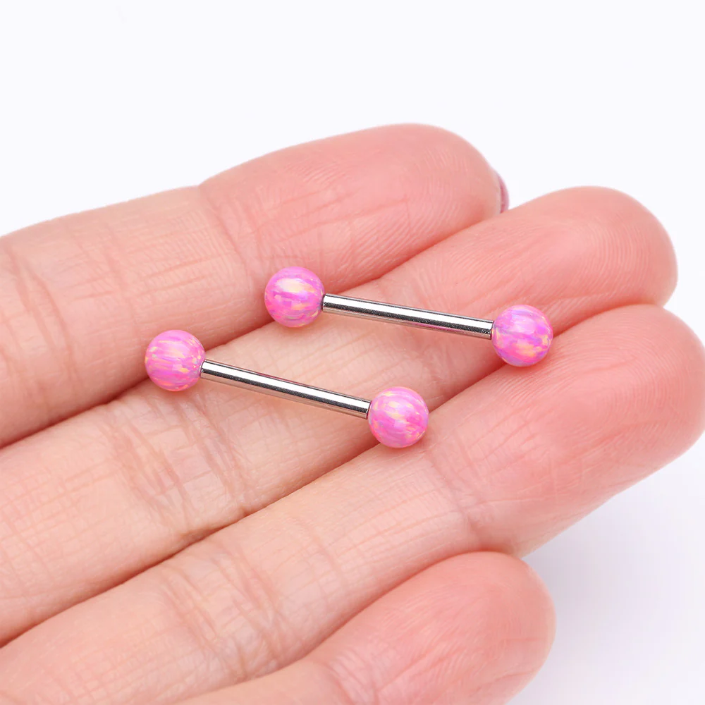 A Pair of Implant Grade Titanium Iridescent Fire Opal Ball Internally Threaded Nipple Barbell - Image 3