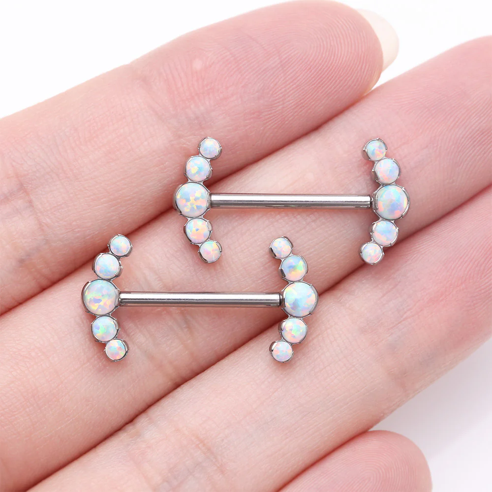 A Pair of Implant Grade Titanium Threadless Fire Opal Ray Multi-Gem Nipple Barbell - Image 3