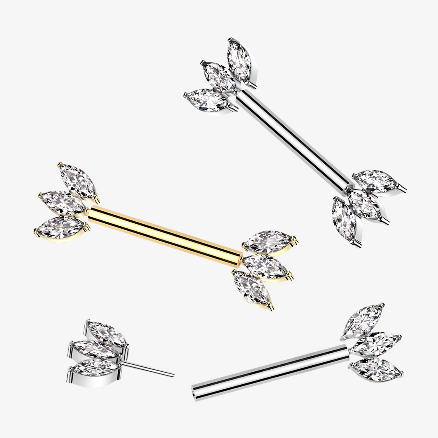 A Pair of Implant Grade Titanium OneFit Threadless Golden Marquise Flower Sparkle Nipple Barbell - Image 2