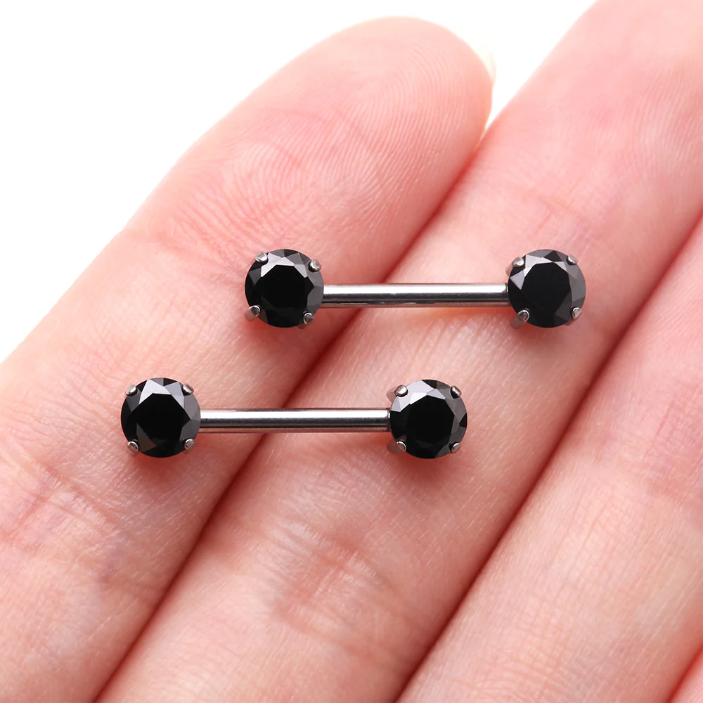 A Pair of Implant Grade Titanium OneFit Threadless Prong Gem Sparkle Nipple Barbell - Image 3