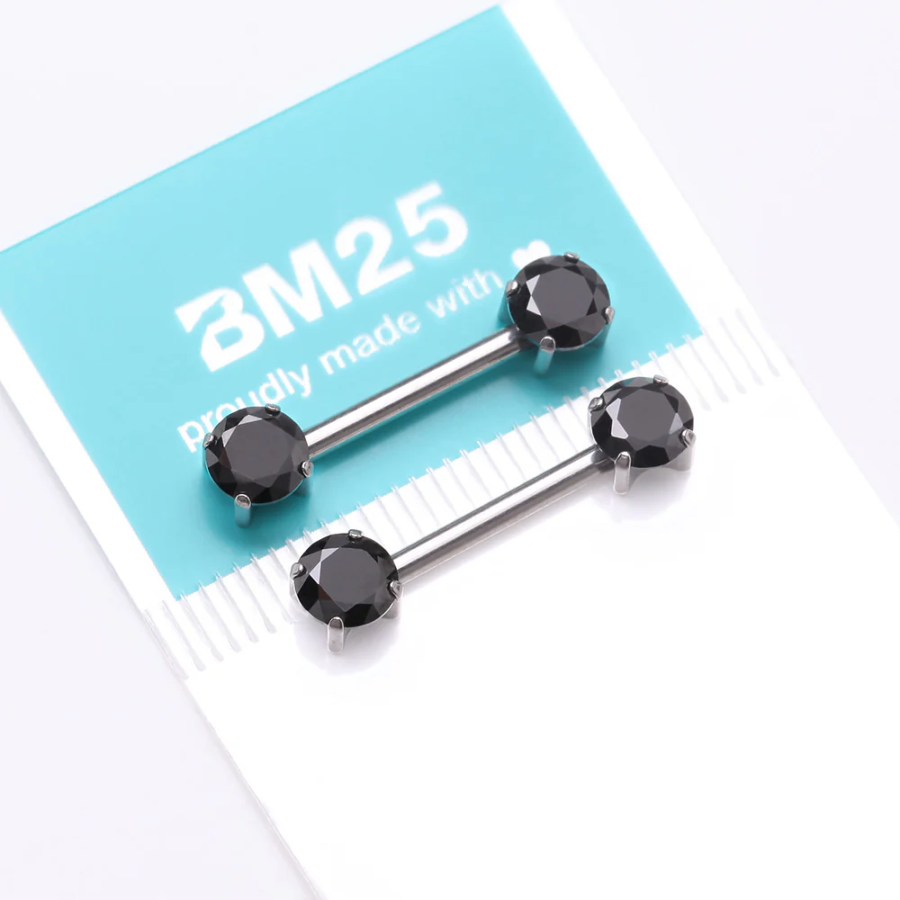 A Pair of Implant Grade Titanium OneFit Threadless Prong Gem Sparkle Nipple Barbell - Image 4