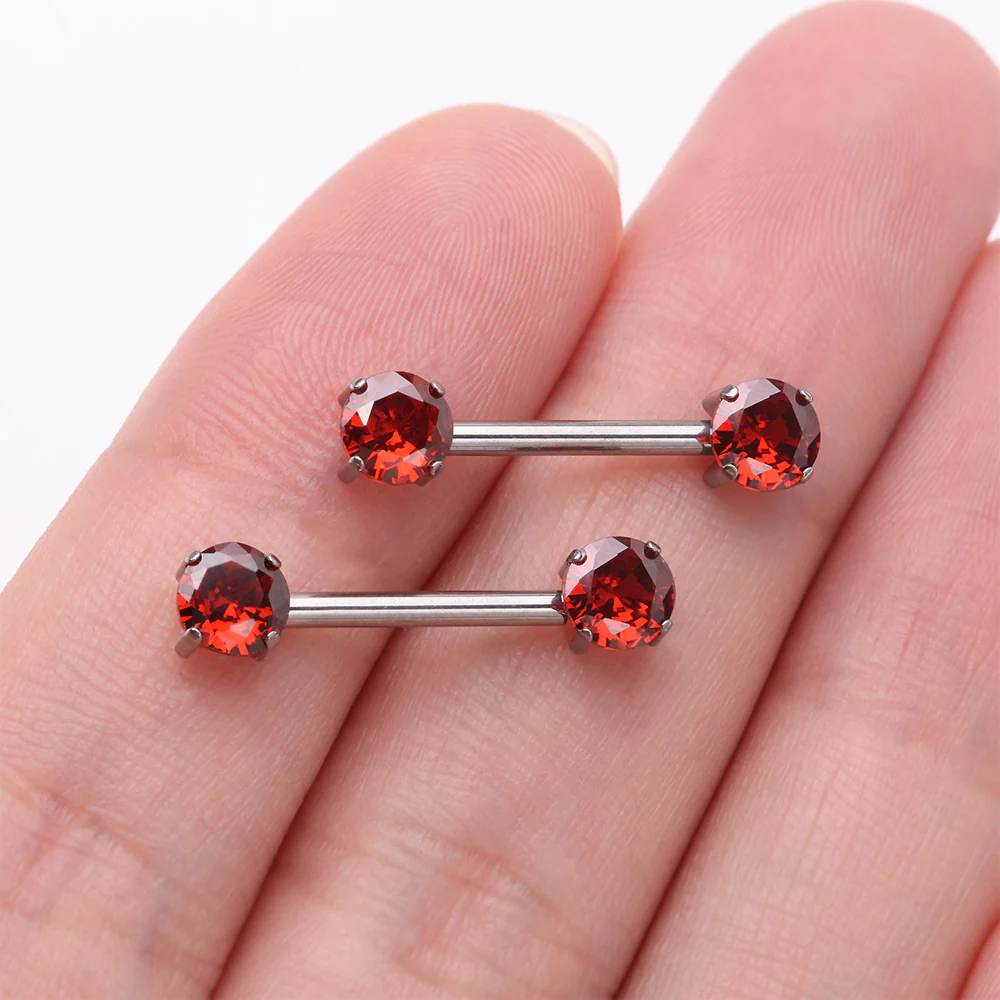 A Pair of Implant Grade Titanium OneFit Threadless Prong Gem Sparkle Nipple Barbell - Image 3