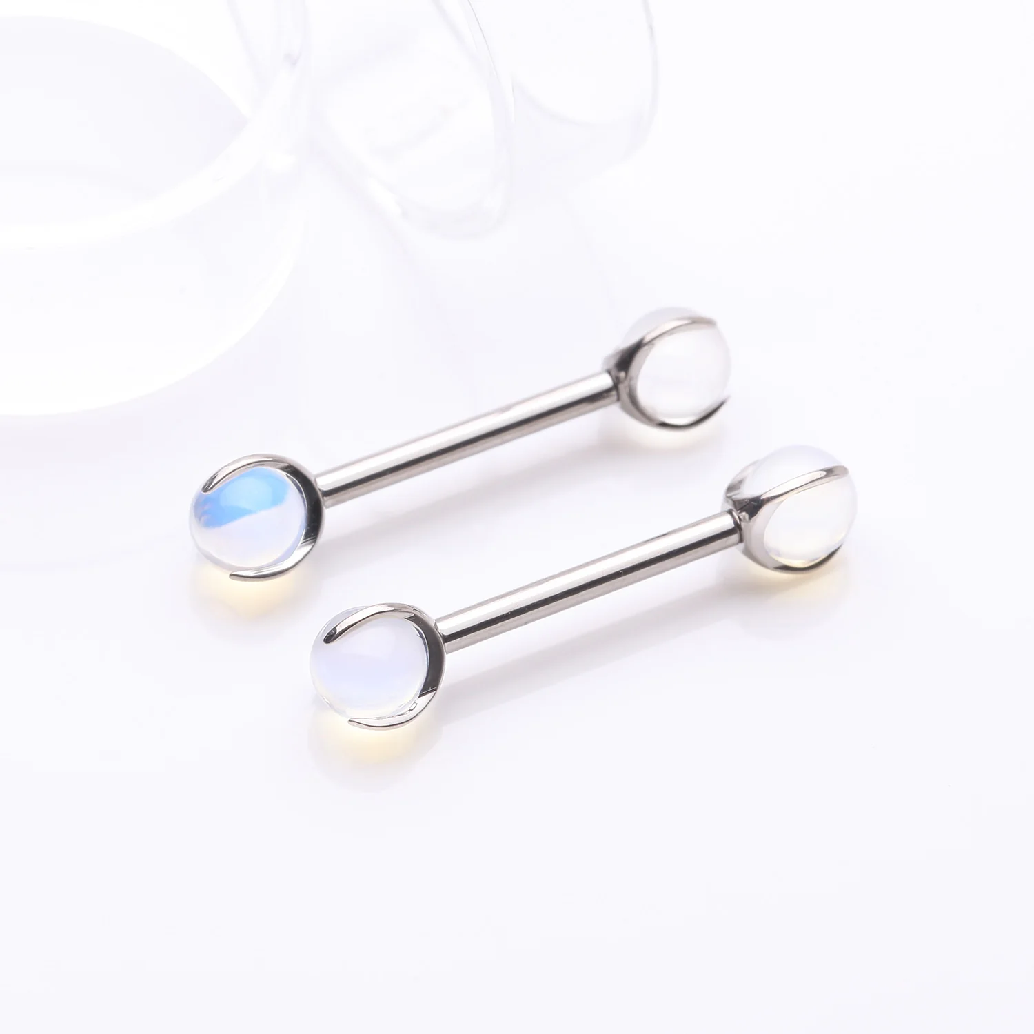 A Pair of Implant Grade Titanium Opalite Stone Ball Claw Prong Internally Threaded Nipple Barbell - Image 2