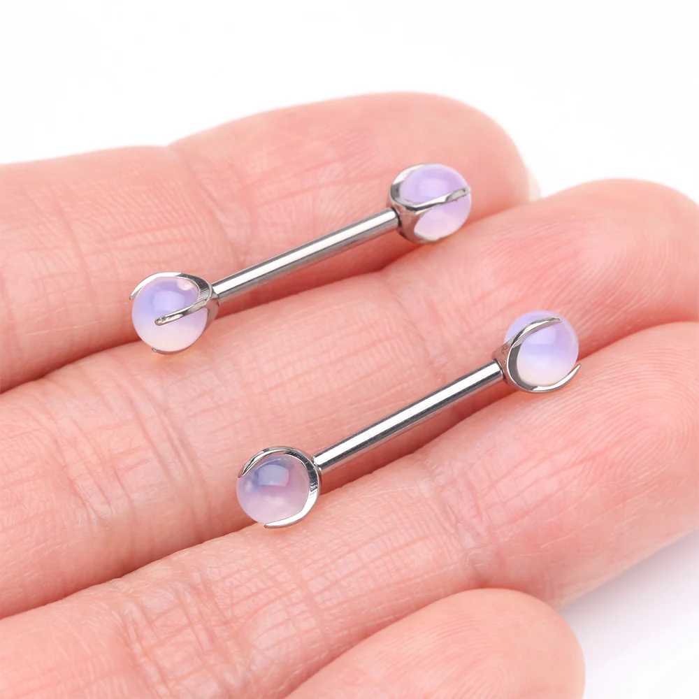 A Pair of Implant Grade Titanium Opalite Stone Ball Claw Prong Internally Threaded Nipple Barbell - Image 3