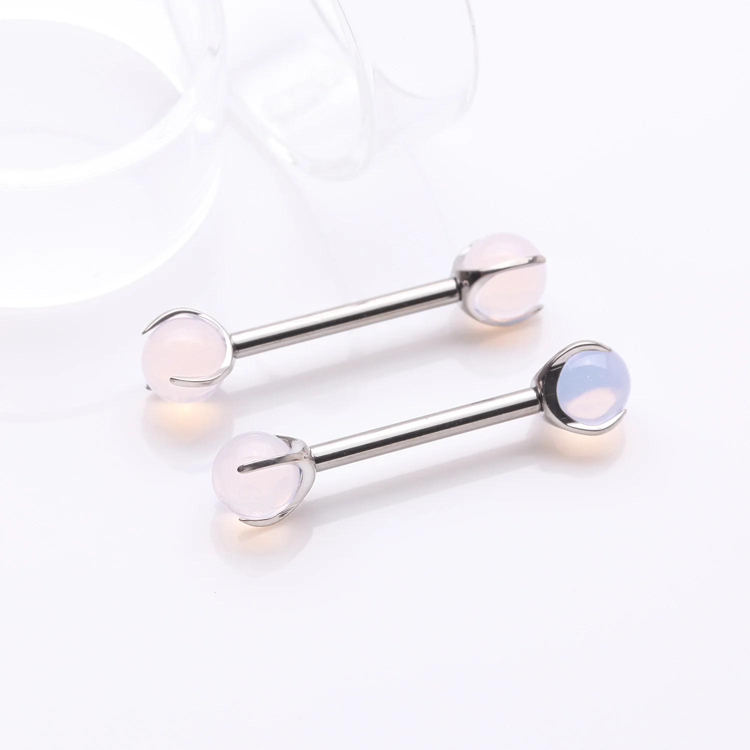 A Pair of Implant Grade Titanium Pink Opalite Stone Ball Claw Prong Internally Threaded Nipple Barbell - Image 2