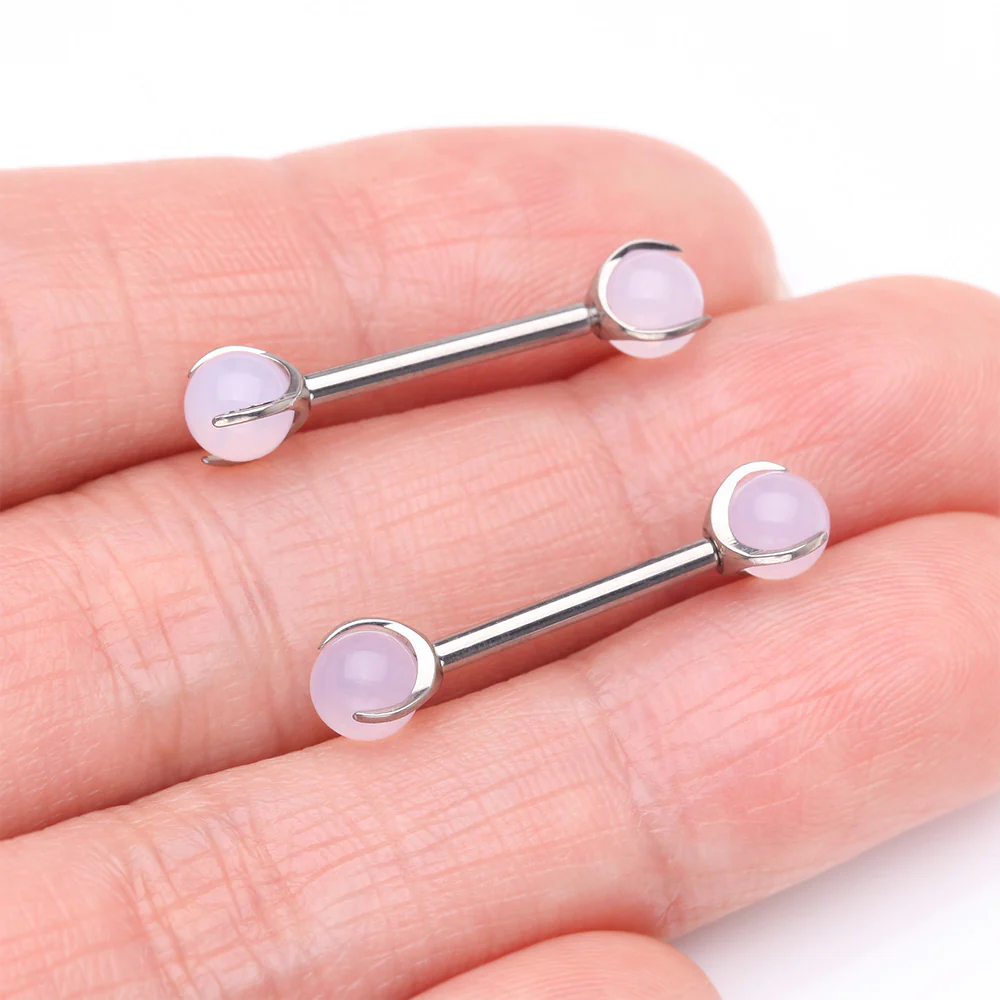 A Pair of Implant Grade Titanium Pink Opalite Stone Ball Claw Prong Internally Threaded Nipple Barbell - Image 3