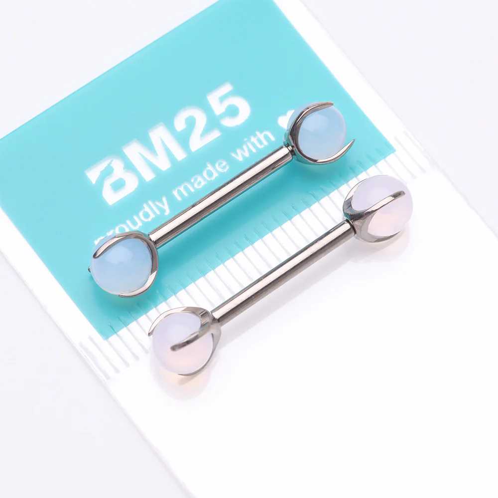 A Pair of Implant Grade Titanium Pink Opalite Stone Ball Claw Prong Internally Threaded Nipple Barbell - Image 5