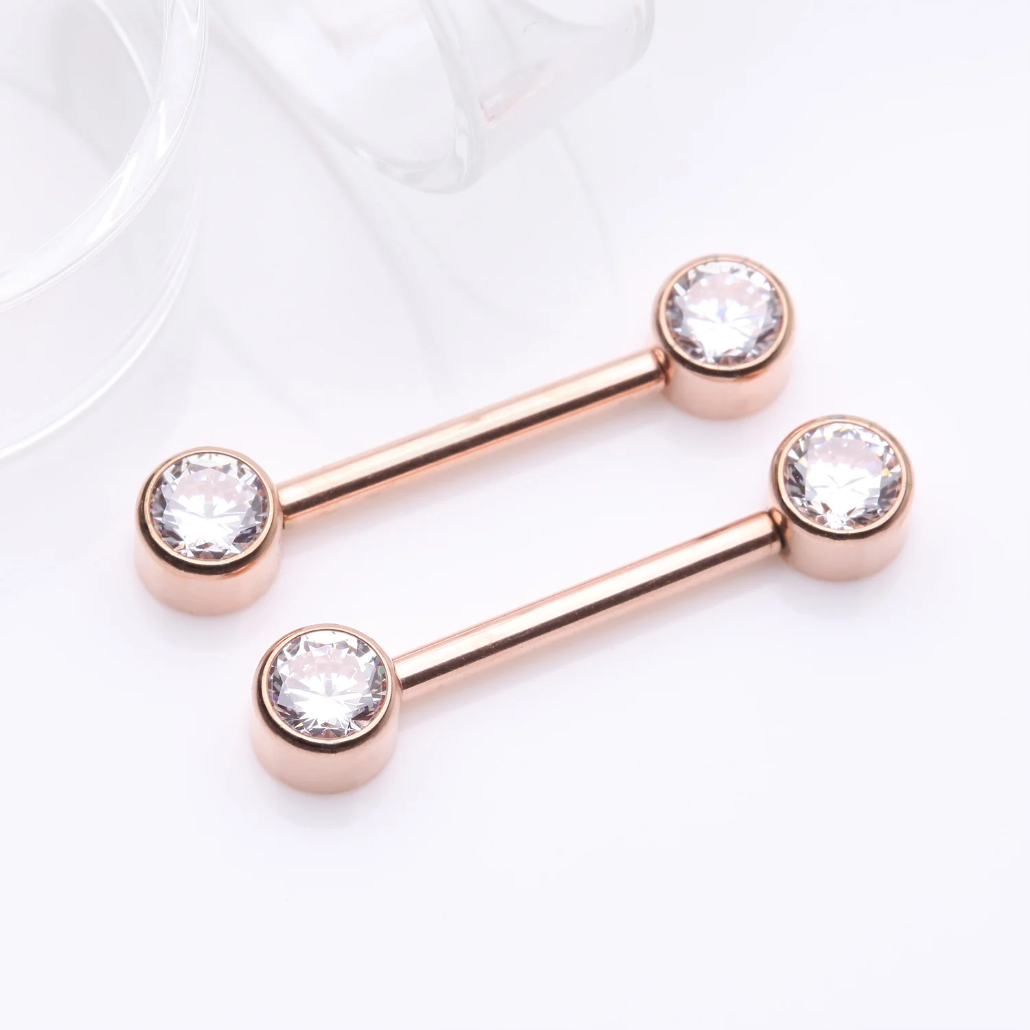 A Pair of Implant Grade Titanium Rose Gold Bezel Set Sparkle Internally Threaded Nipple Barbell - Image 2