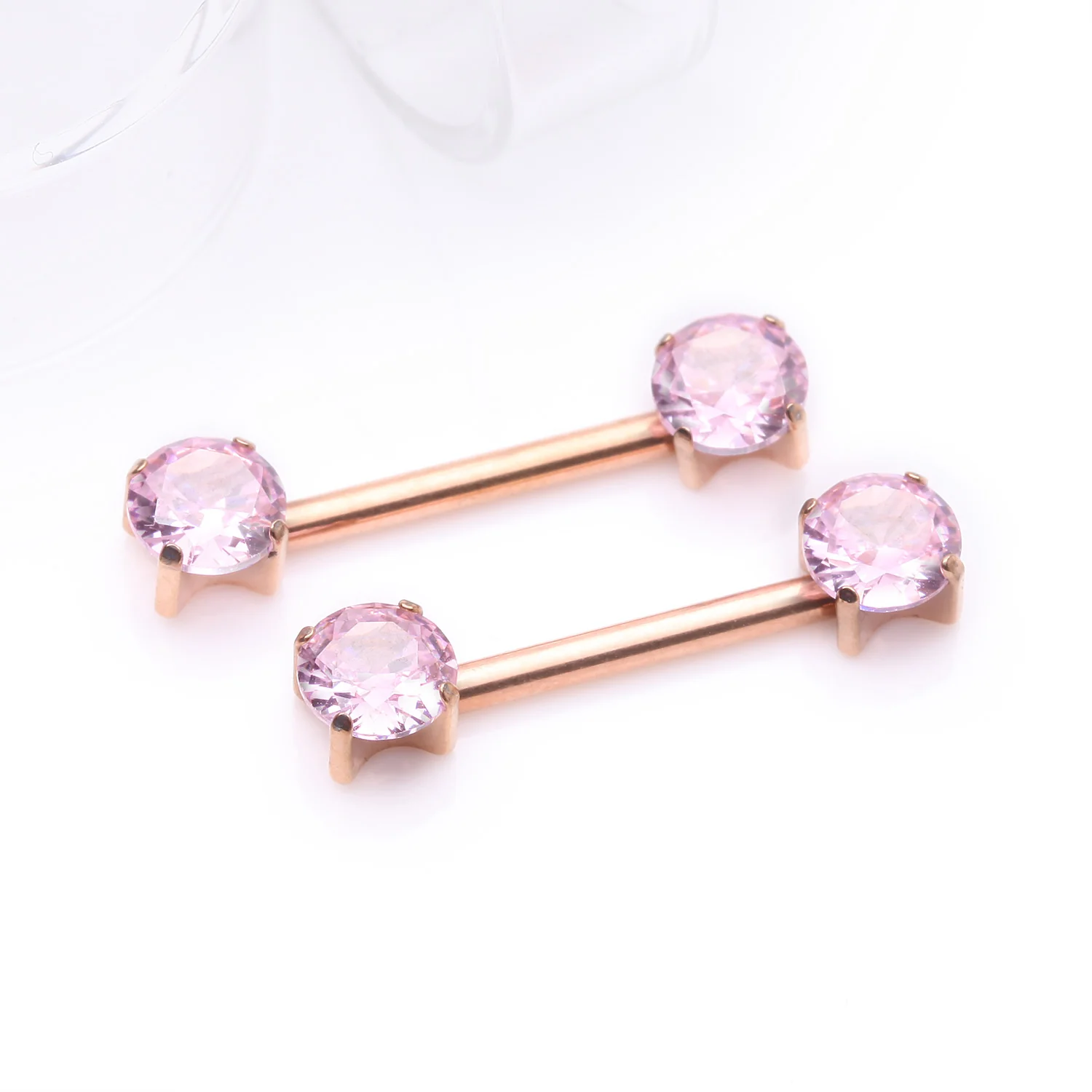 A Pair of Implant Grade Titanium Rose Gold OneFit Threadless Prong Gem Sparkle Nipple Barbell - Image 2
