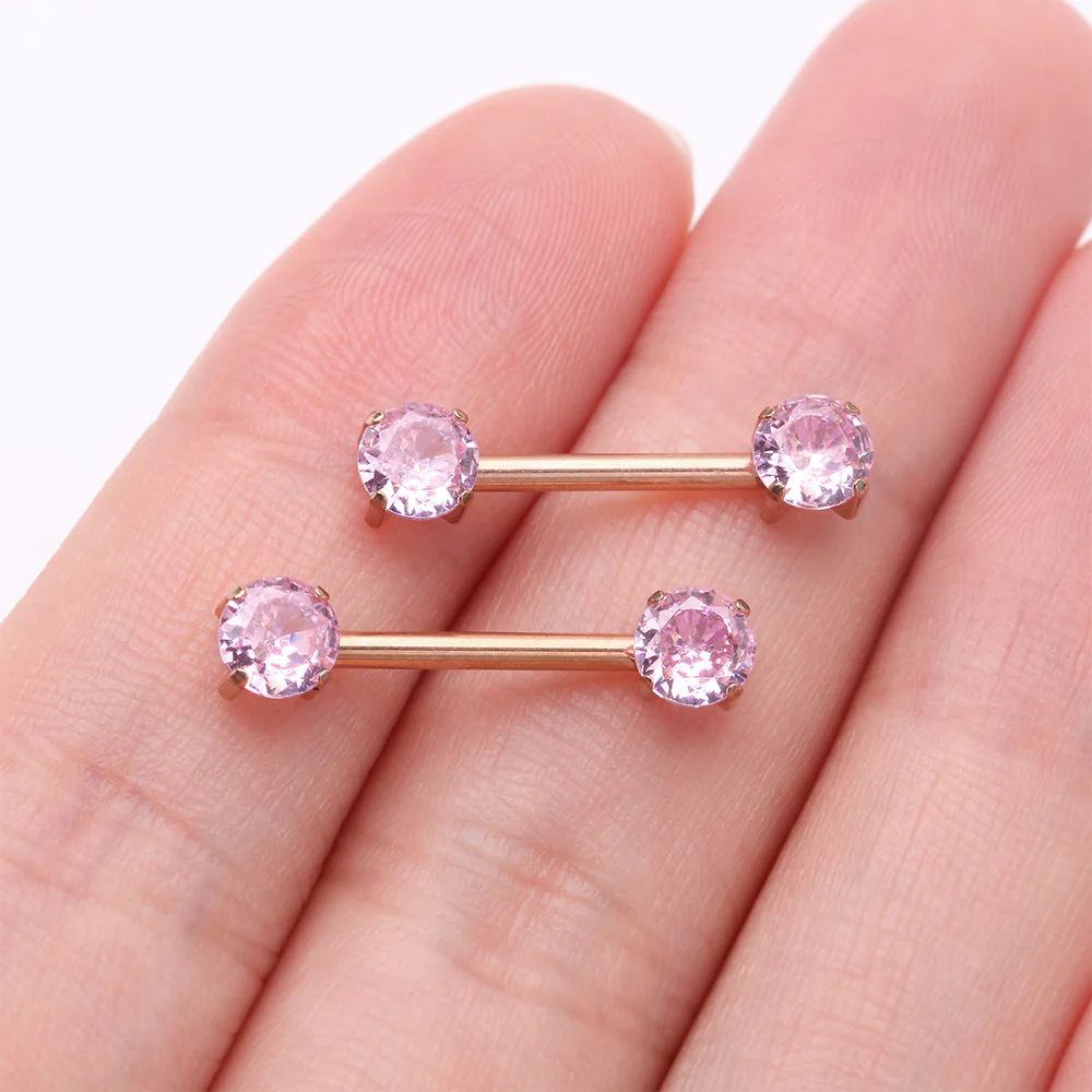 A Pair of Implant Grade Titanium Rose Gold OneFit Threadless Prong Gem Sparkle Nipple Barbell - Image 3