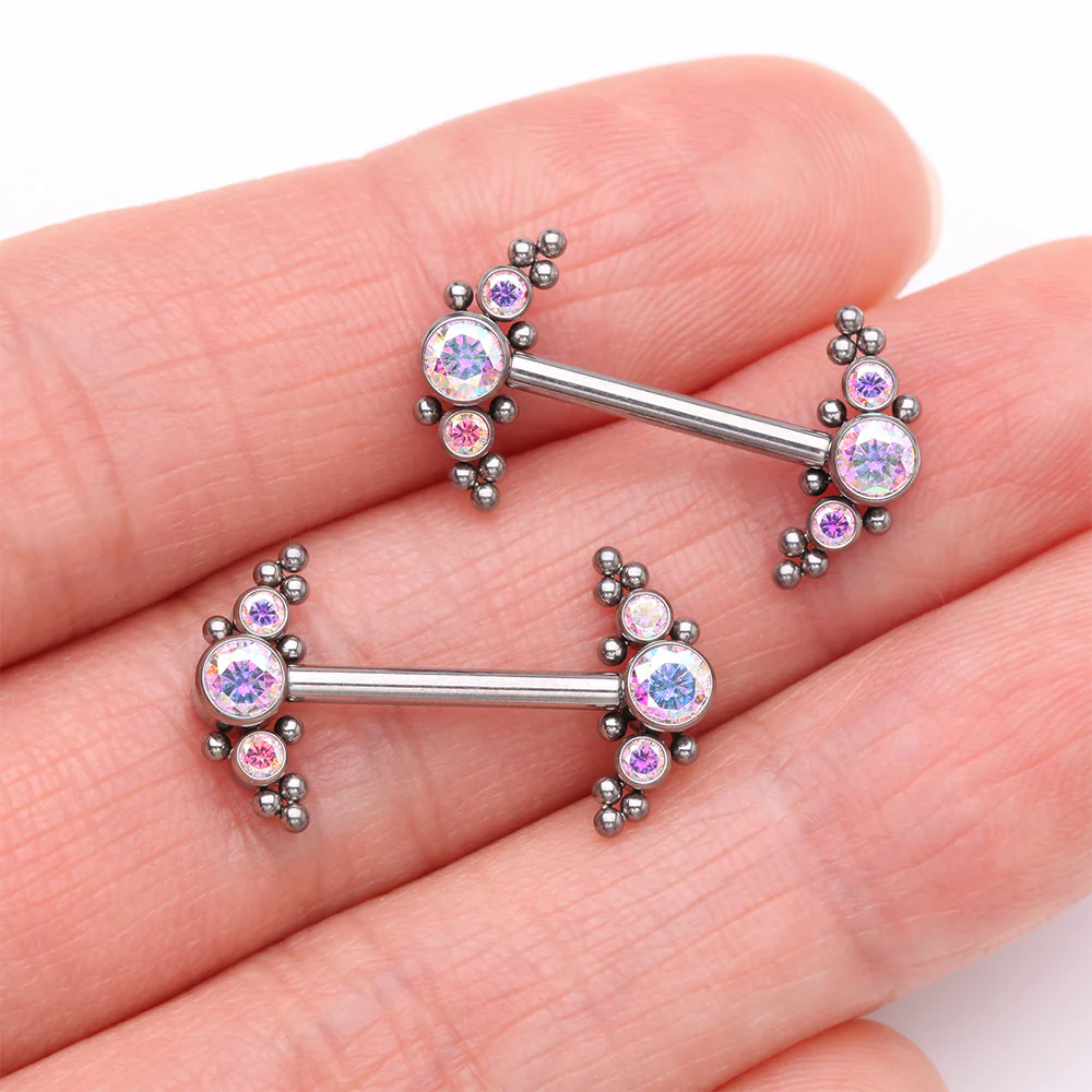 A Pair of Implant Grade Titanium Sparkle Bali Arc Internally Threaded Nipple Barbell - Image 3
