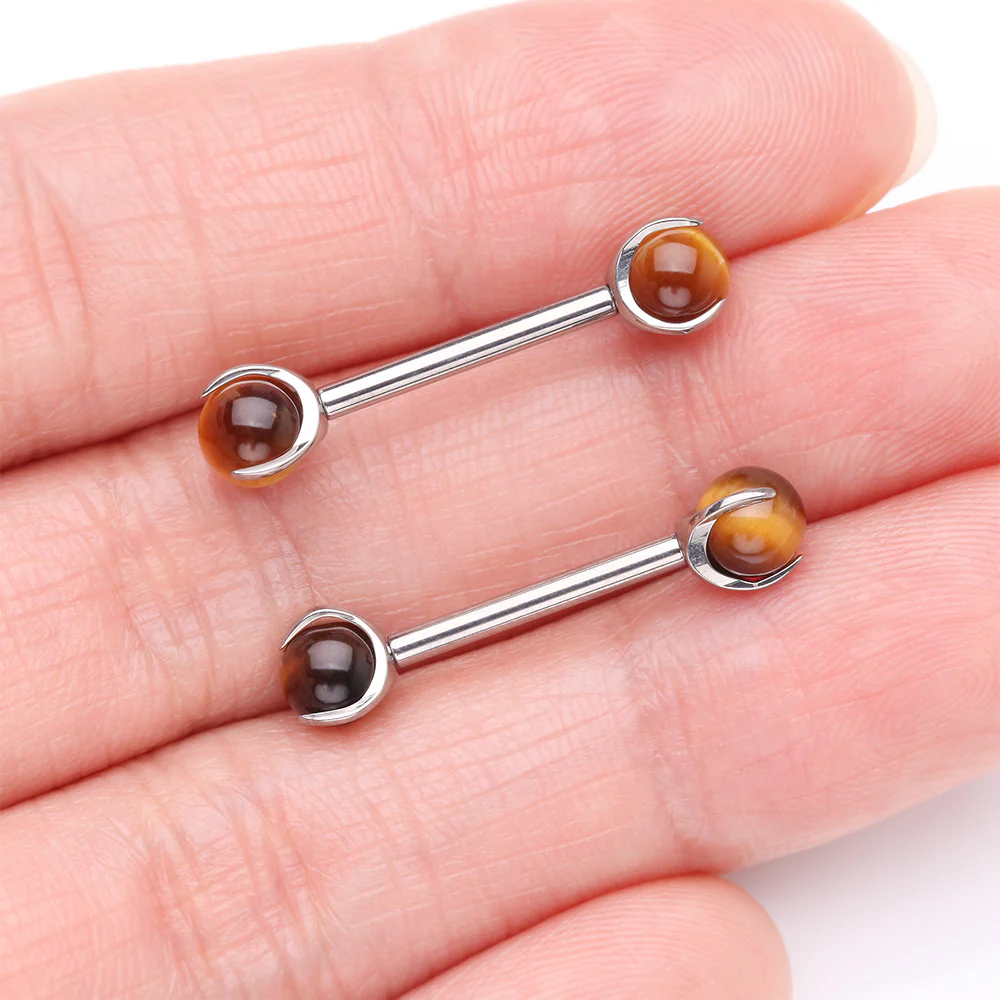A Pair of Implant Grade Titanium Tiger Eye Stone Ball Claw Prong Internally Threaded Nipple Barbell - Image 3