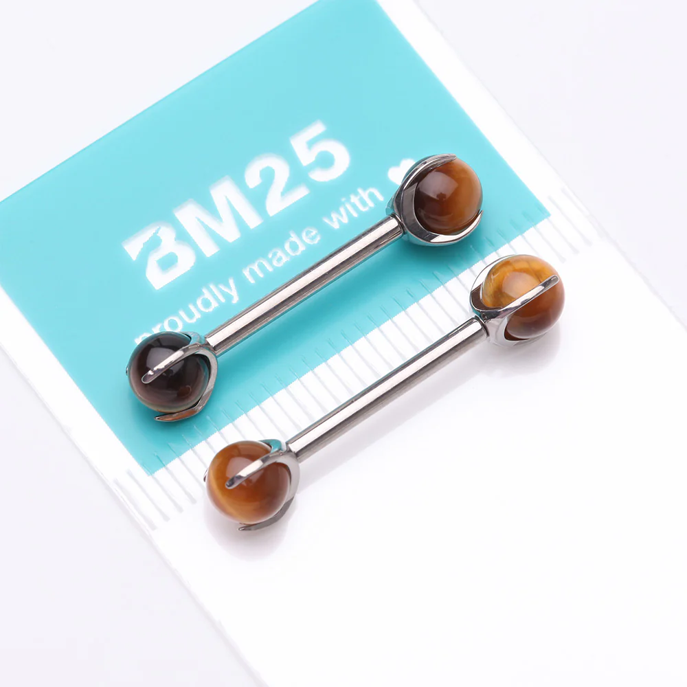 A Pair of Implant Grade Titanium Tiger Eye Stone Ball Claw Prong Internally Threaded Nipple Barbell - Image 5