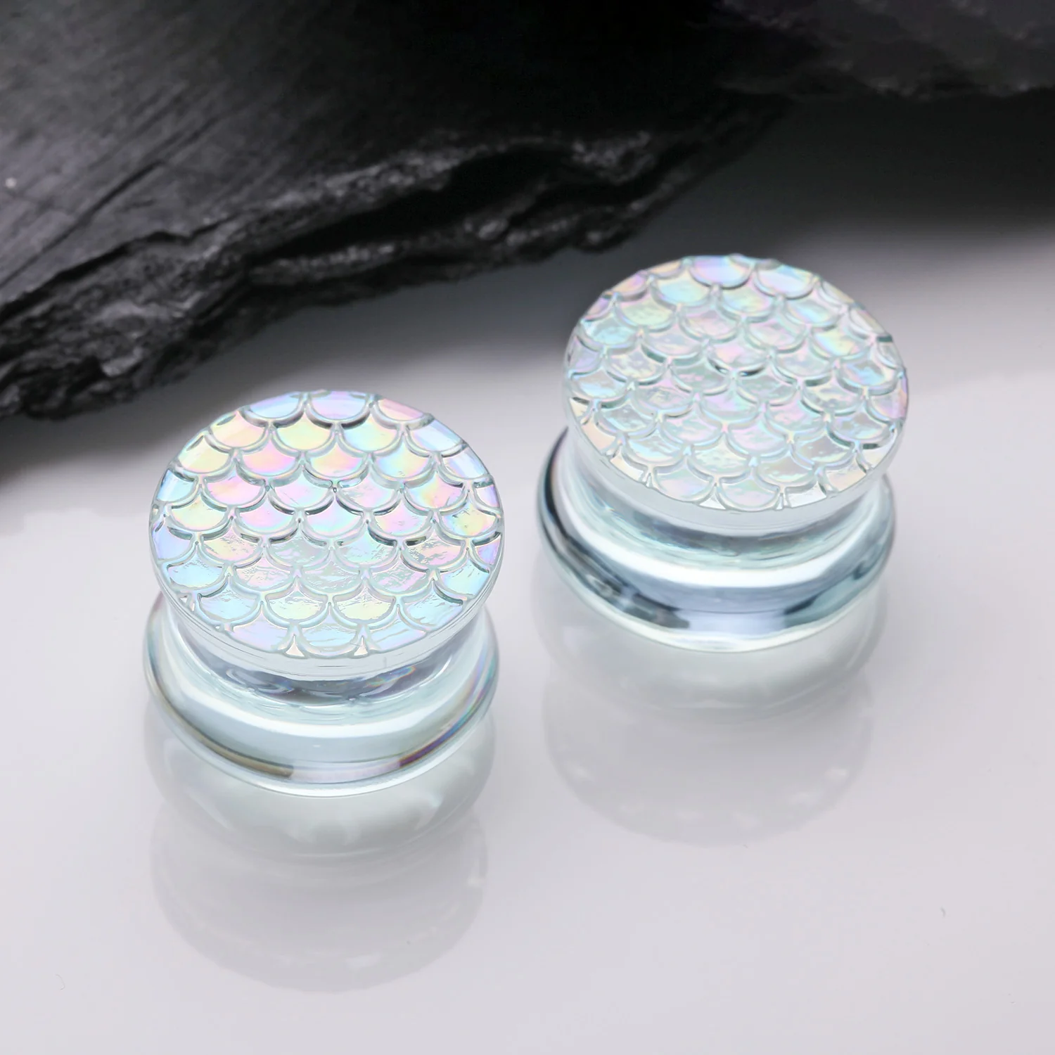 A Pair of Iridescent Aurora Mermaid Scale Glass Double Flared Plug - Image 2