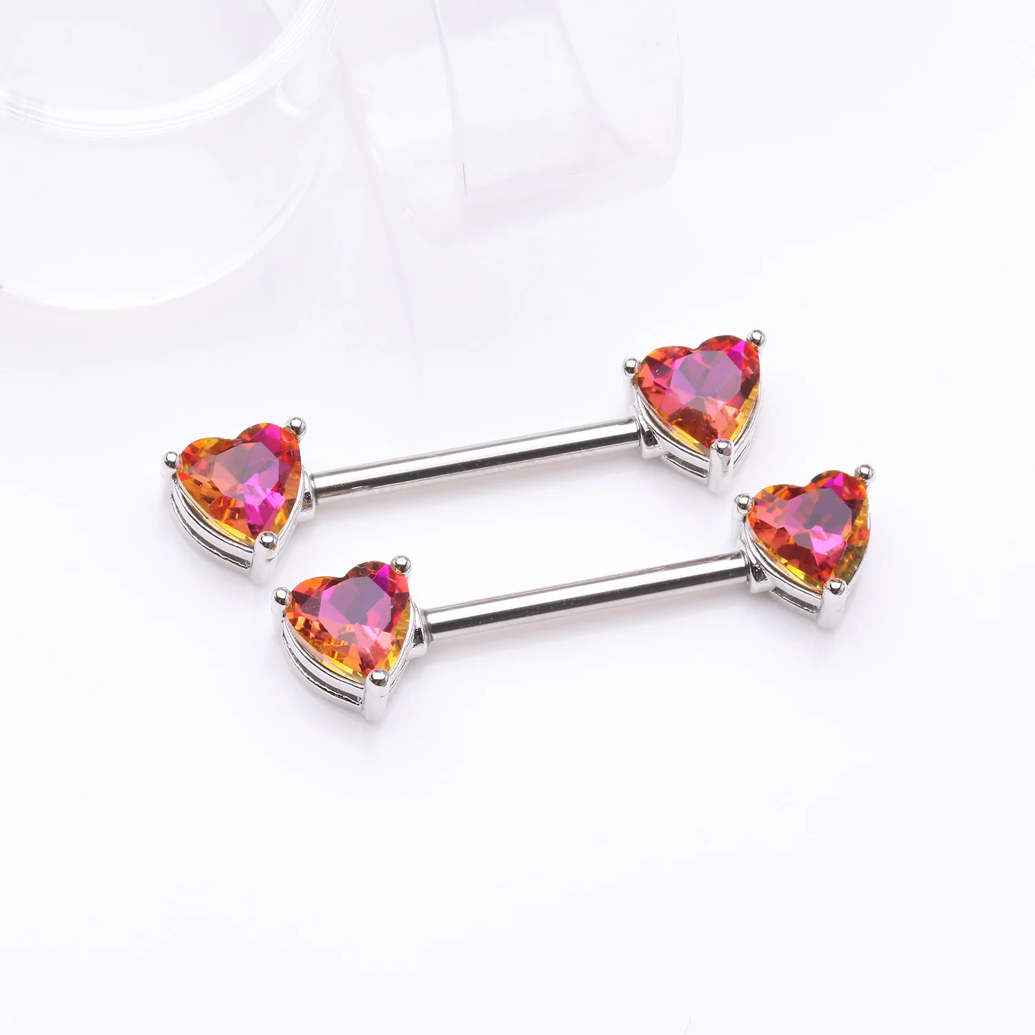 A Pair of Iridescent Heart Gem Sparkle Nipple Barbell - Image 2