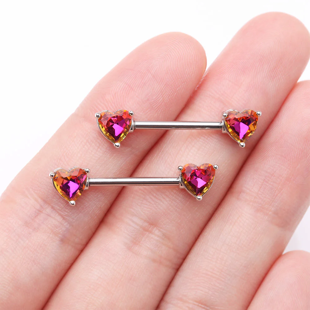 A Pair of Iridescent Heart Gem Sparkle Nipple Barbell - Image 3
