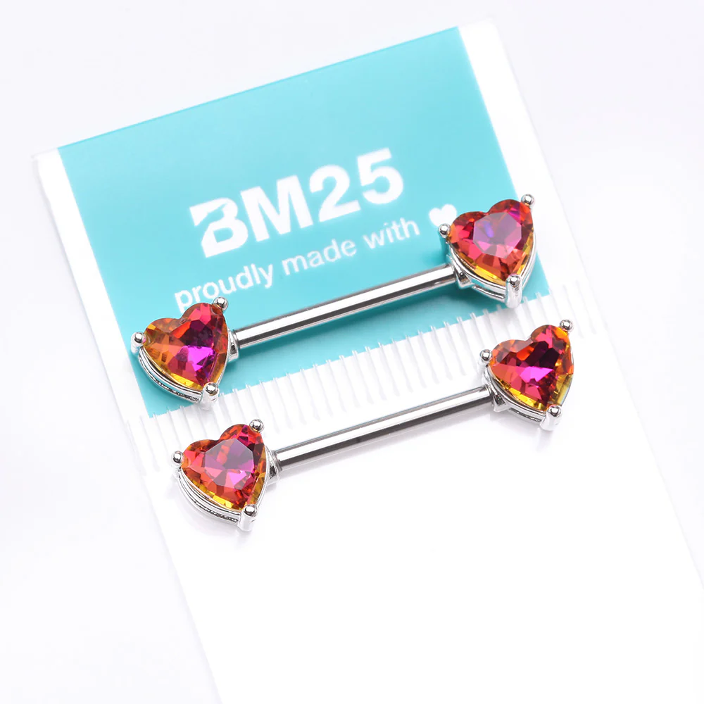 A Pair of Iridescent Heart Gem Sparkle Nipple Barbell - Image 4