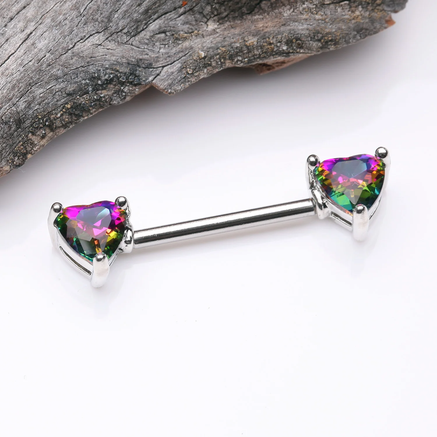 A Pair of Iridescent Heart Sparkle Nipple Barbell - Image 2