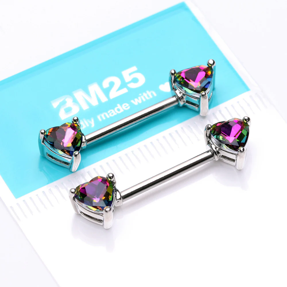 A Pair of Iridescent Heart Sparkle Nipple Barbell - Image 3