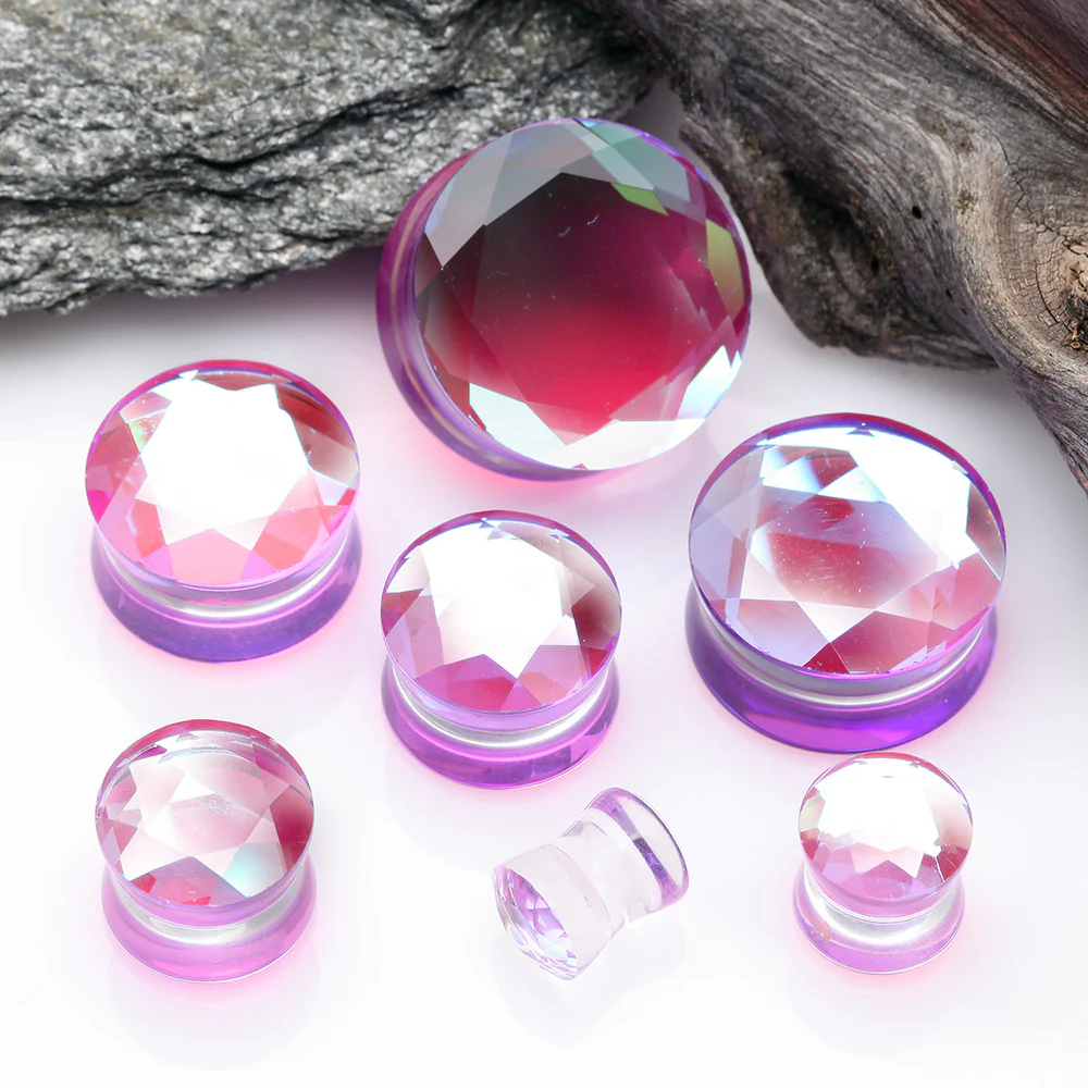 A Pair of Iridescent Multi-Faceted Glass Double Flared Plug - Image 3