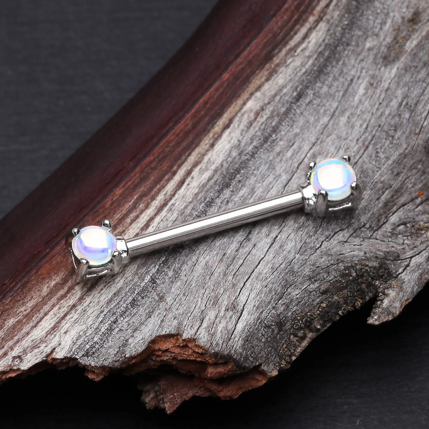 A Pair of Iridescent Revo Double Prong Gem Nipple Barbell - Image 2