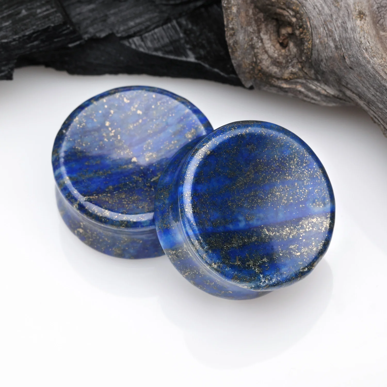 A Pair of Lapis Lazuli Concave Stone Double Flared Ear Gauge Plug - Image 2