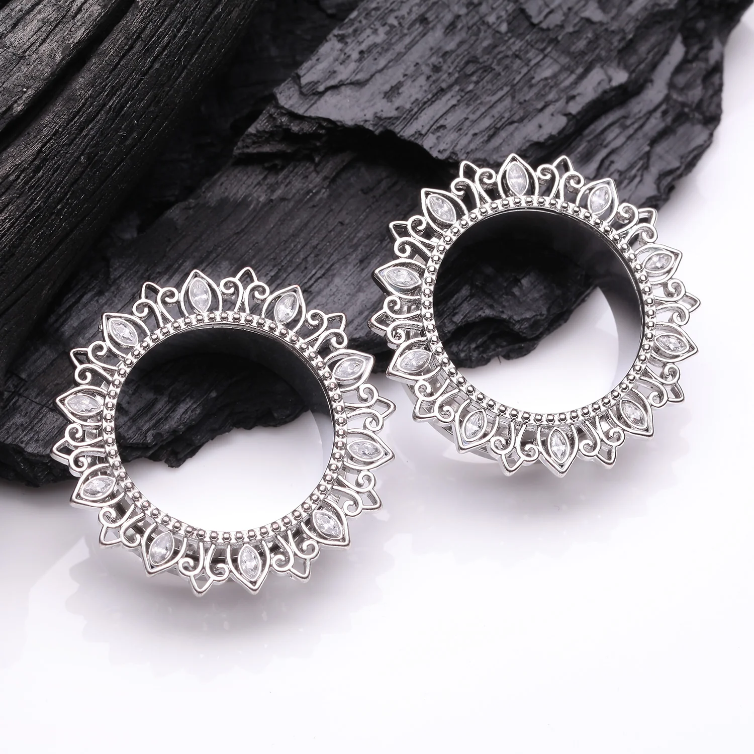 A Pair of Lotus Inspired Sparkle Filigree Steel Screw-Fit Tunnel Plug - Image 2