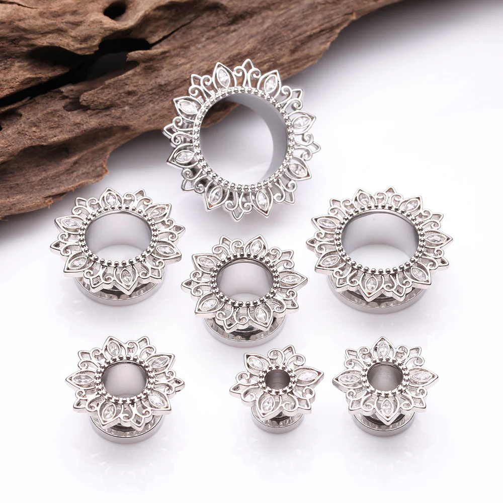 A Pair of Lotus Inspired Sparkle Filigree Steel Screw-Fit Tunnel Plug - Image 3