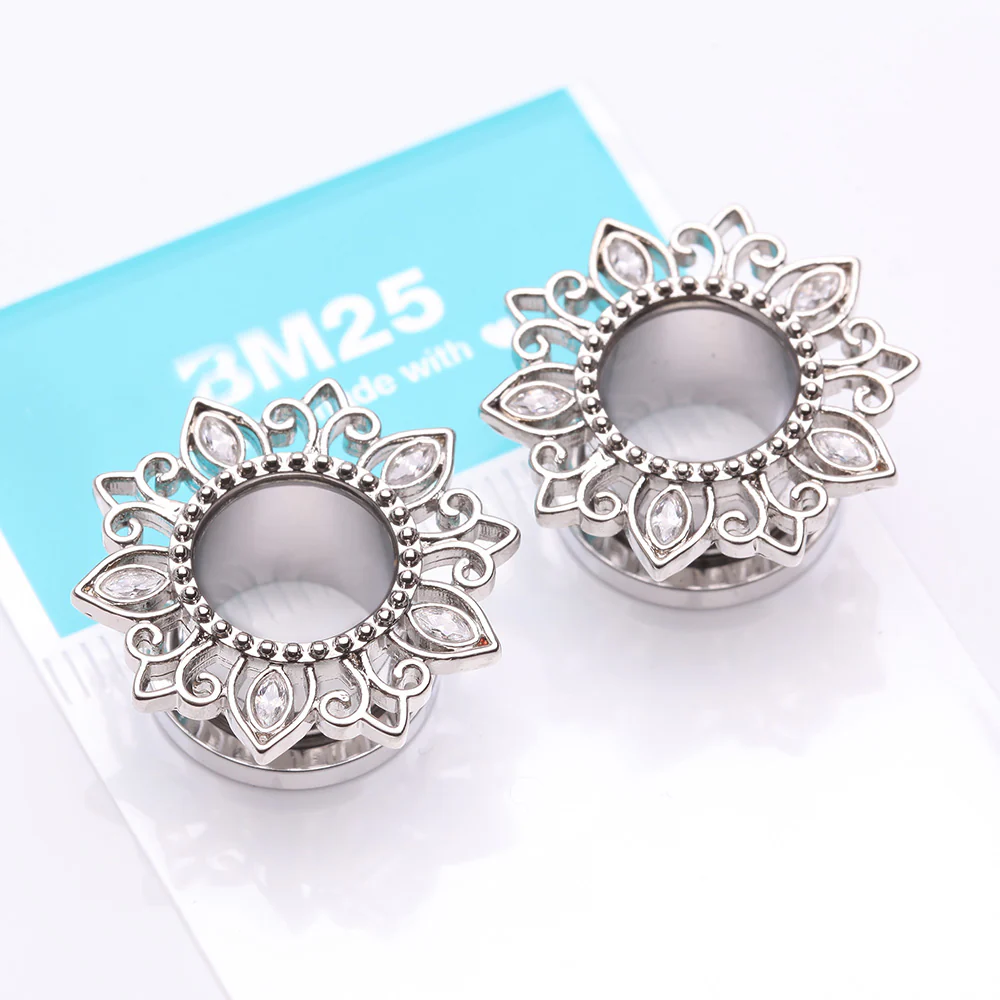 A Pair of Lotus Inspired Sparkle Filigree Steel Screw-Fit Tunnel Plug - Image 4
