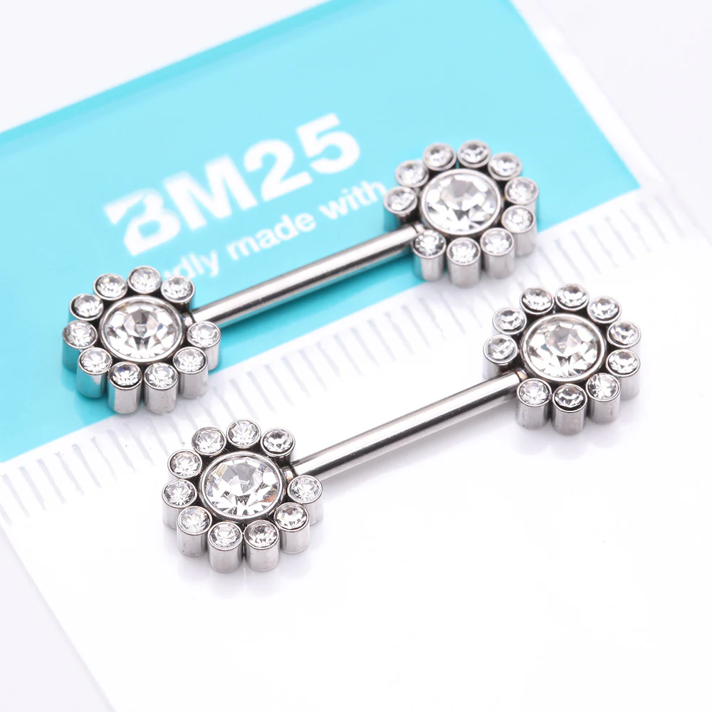 A Pair of Magnificent Floral Sparkle Threadless Nipple Barbell - Image 4