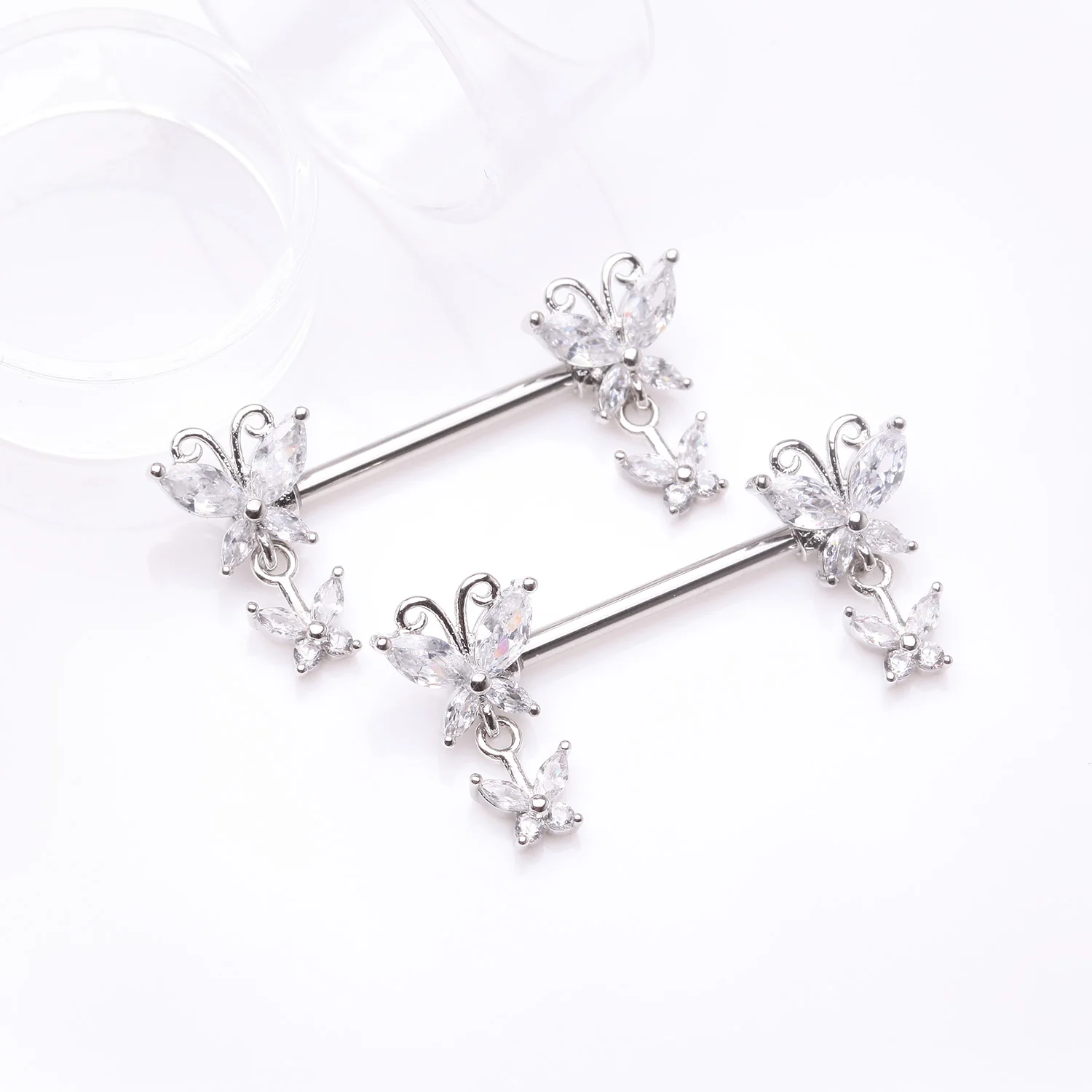 A Pair of Marquise Butterfly Duo Sparkle Dangle Nipple Barbell - Image 2
