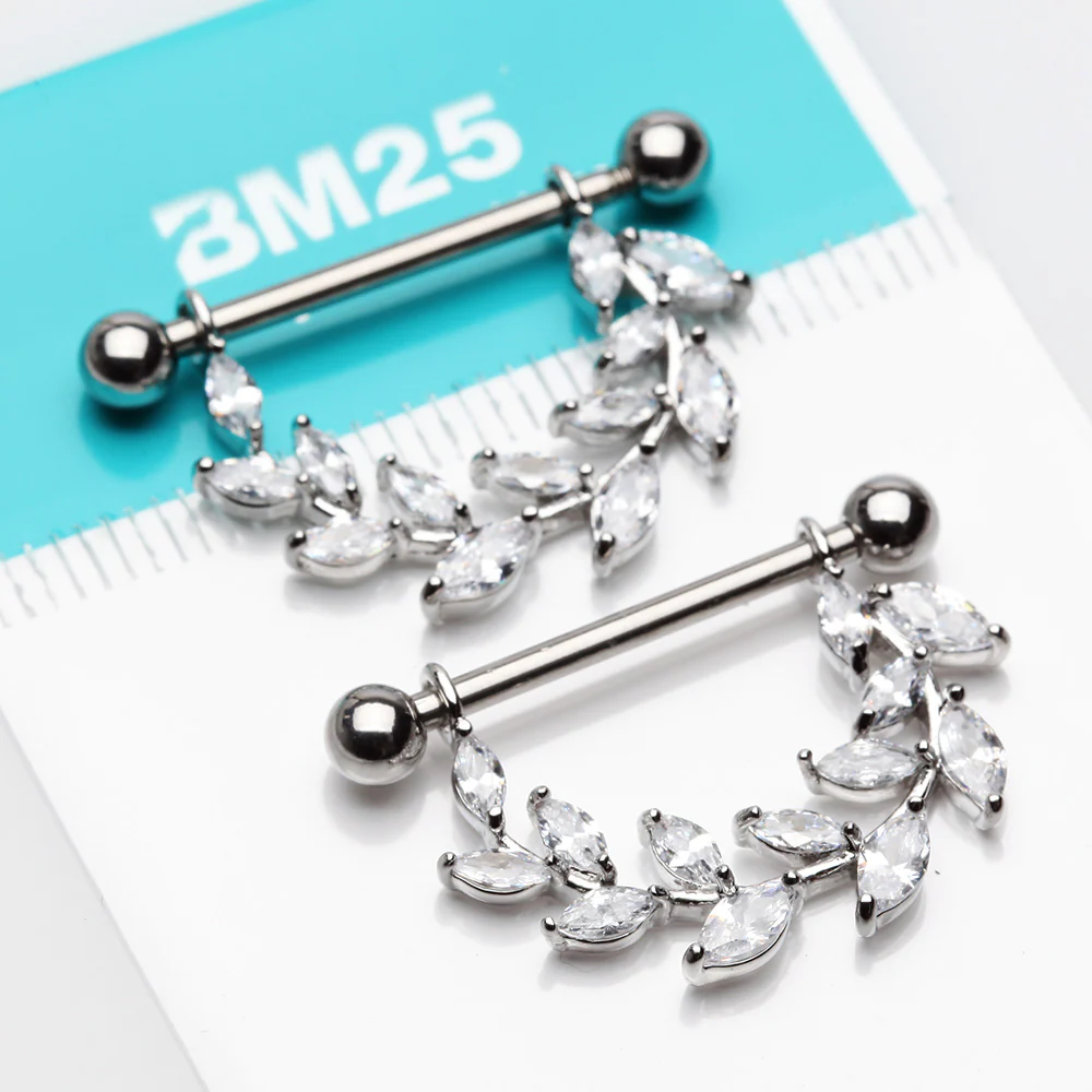 A Pair of Marquise Sparkle Allure Leaves Dangle Nipple Shield - Image 3