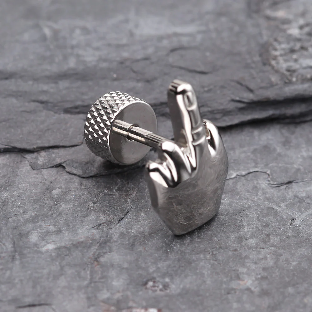 A Pair of Middle FU Finger Steel Fake Plug Earring - Image 4