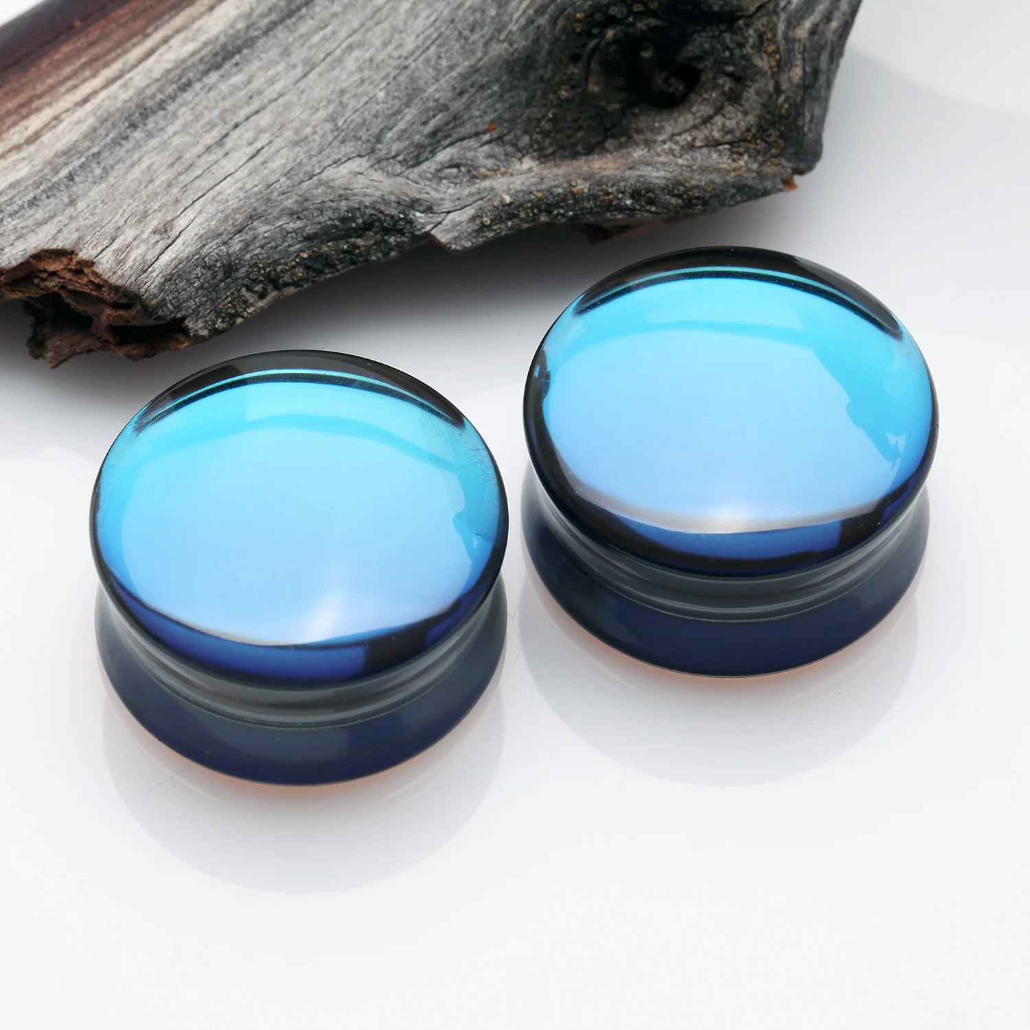 A Pair of Midnight Moon Iridescent Glass Double Flared Ear Gauge Plug - Image 2