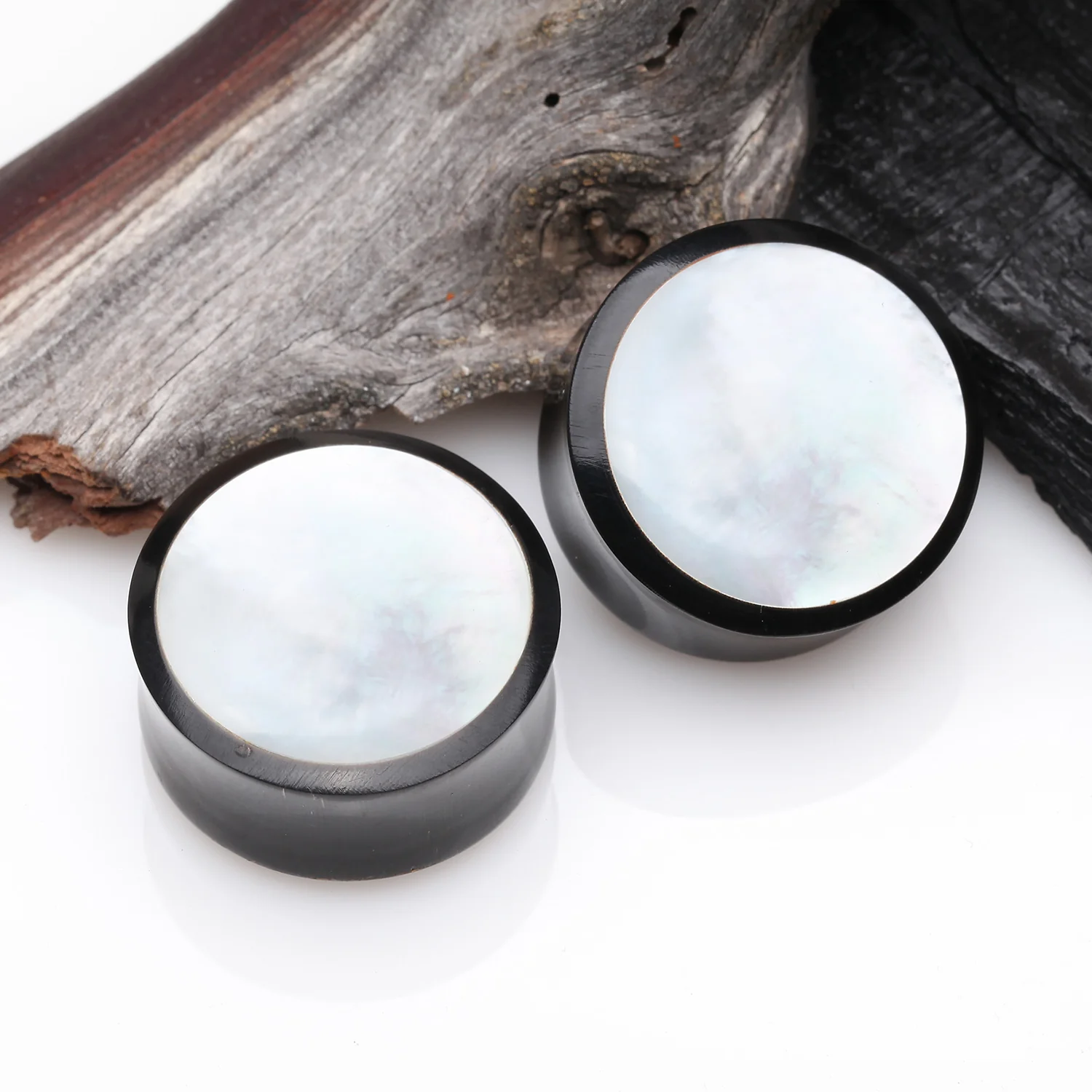A Pair of Mother of Pearl Inlayed Buffalo Horn Double Flared Ear Gauge Plug - Image 2