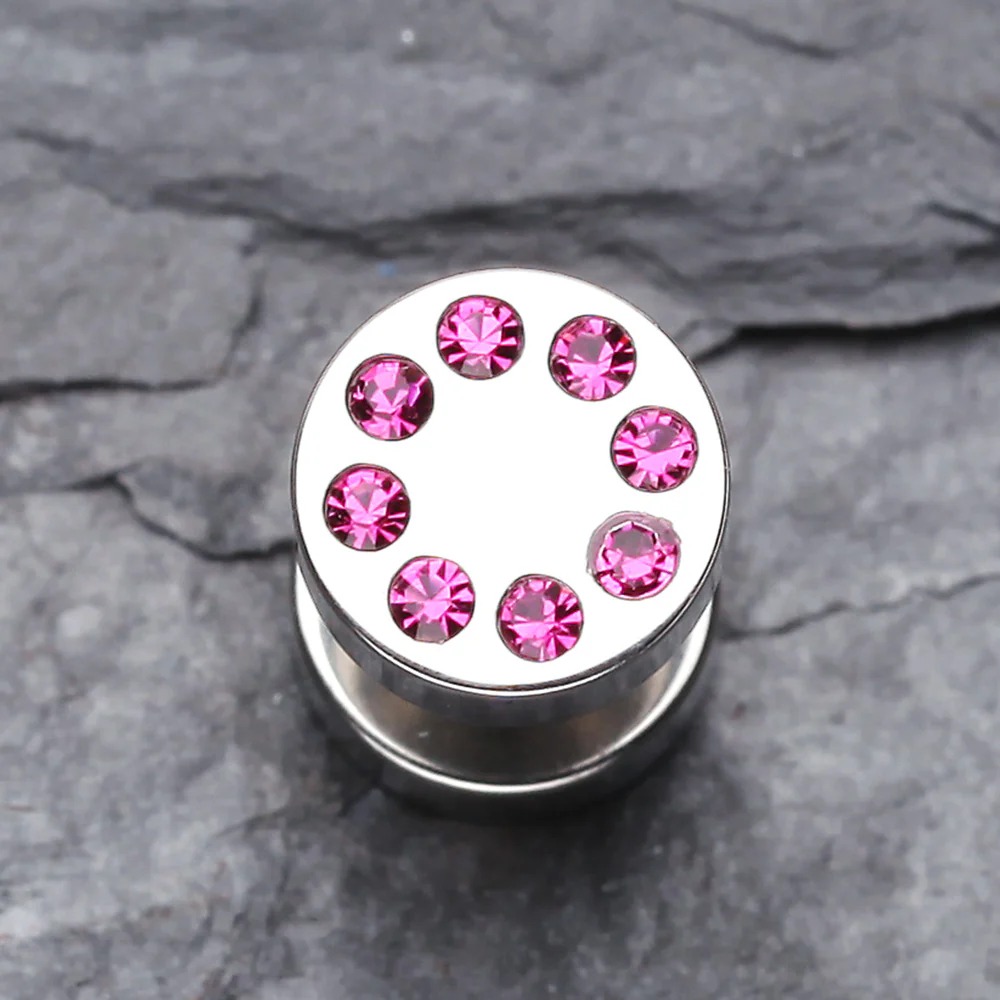 A Pair of Multi Gem Encircled Steel Fake Plug Earring - Image 3