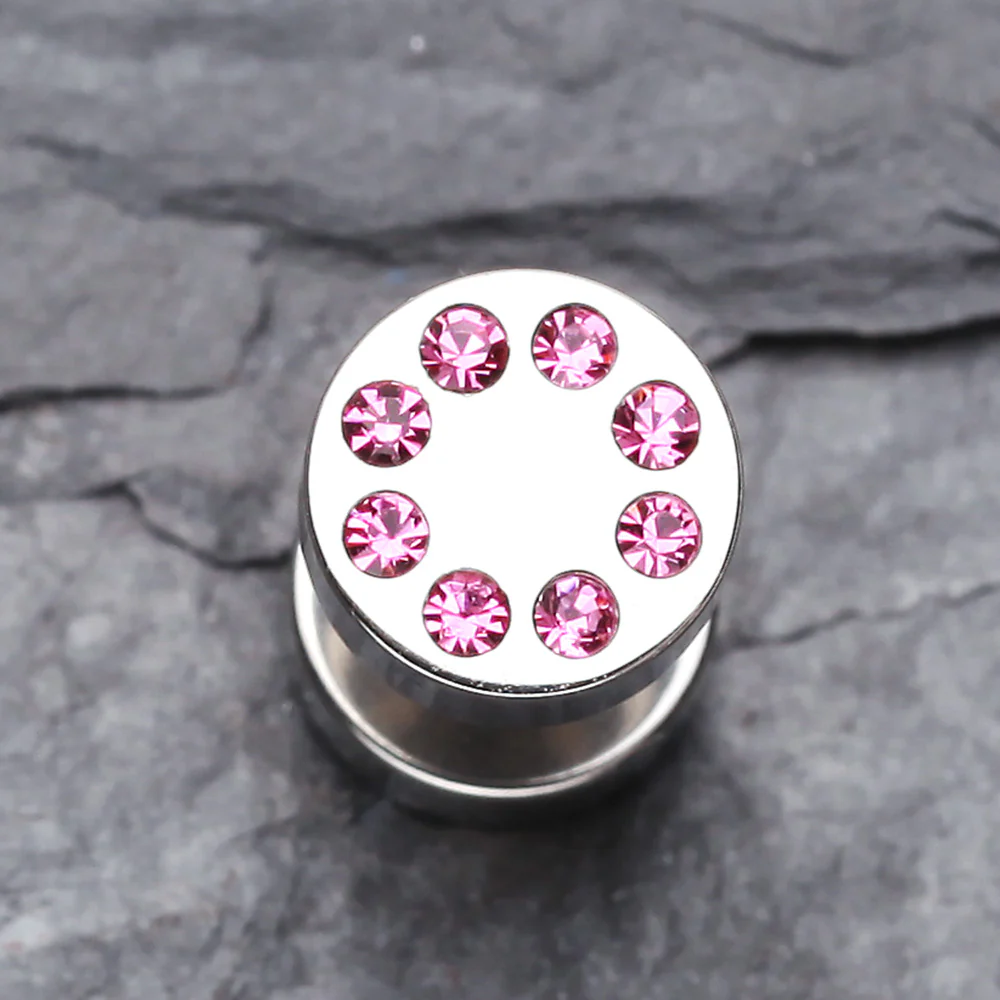 A Pair of Multi Gem Encircled Steel Fake Plug Earring - Image 3
