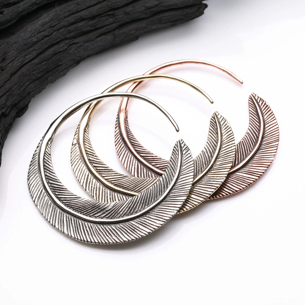 A Pair of Mystic Feather Loop Golden Brass Plug Hoop Earring - Image 4