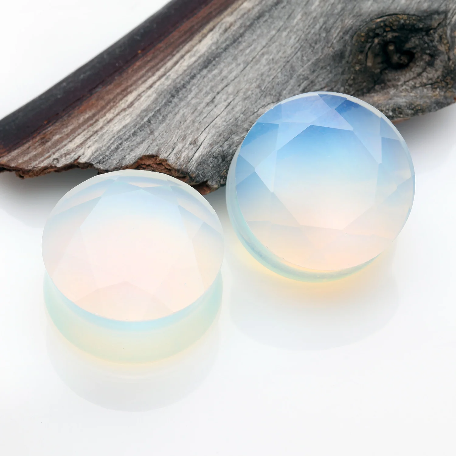 A Pair of Opalite Multi-Faceted Stone Double Flared Plug - Image 2