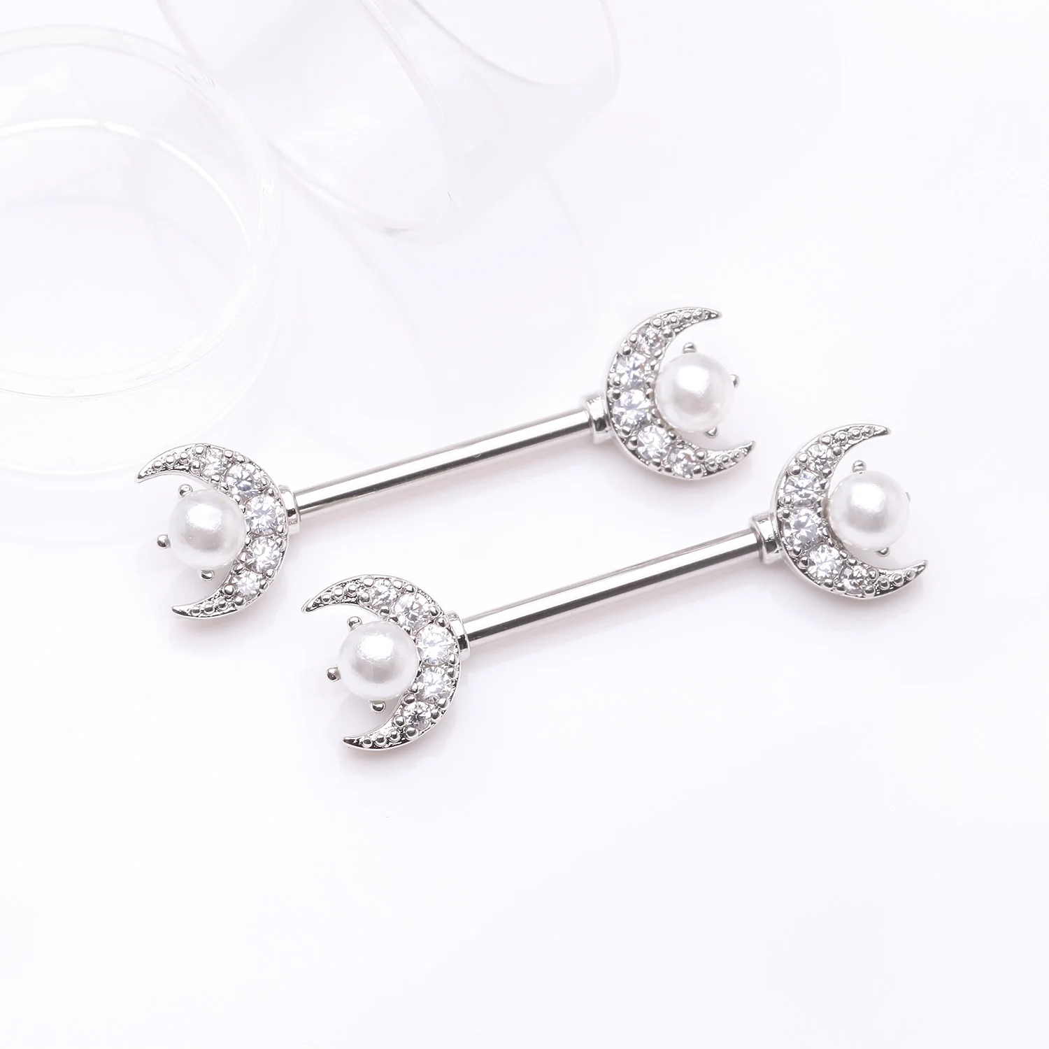 A Pair of Pearlescent Crescent Moon Sparkle Nipple Barbell - Image 2