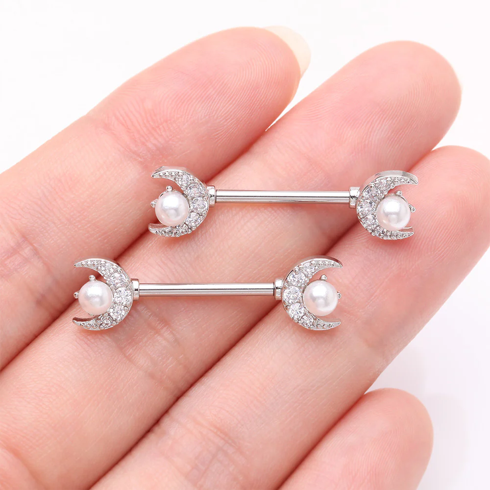 A Pair of Pearlescent Crescent Moon Sparkle Nipple Barbell - Image 3