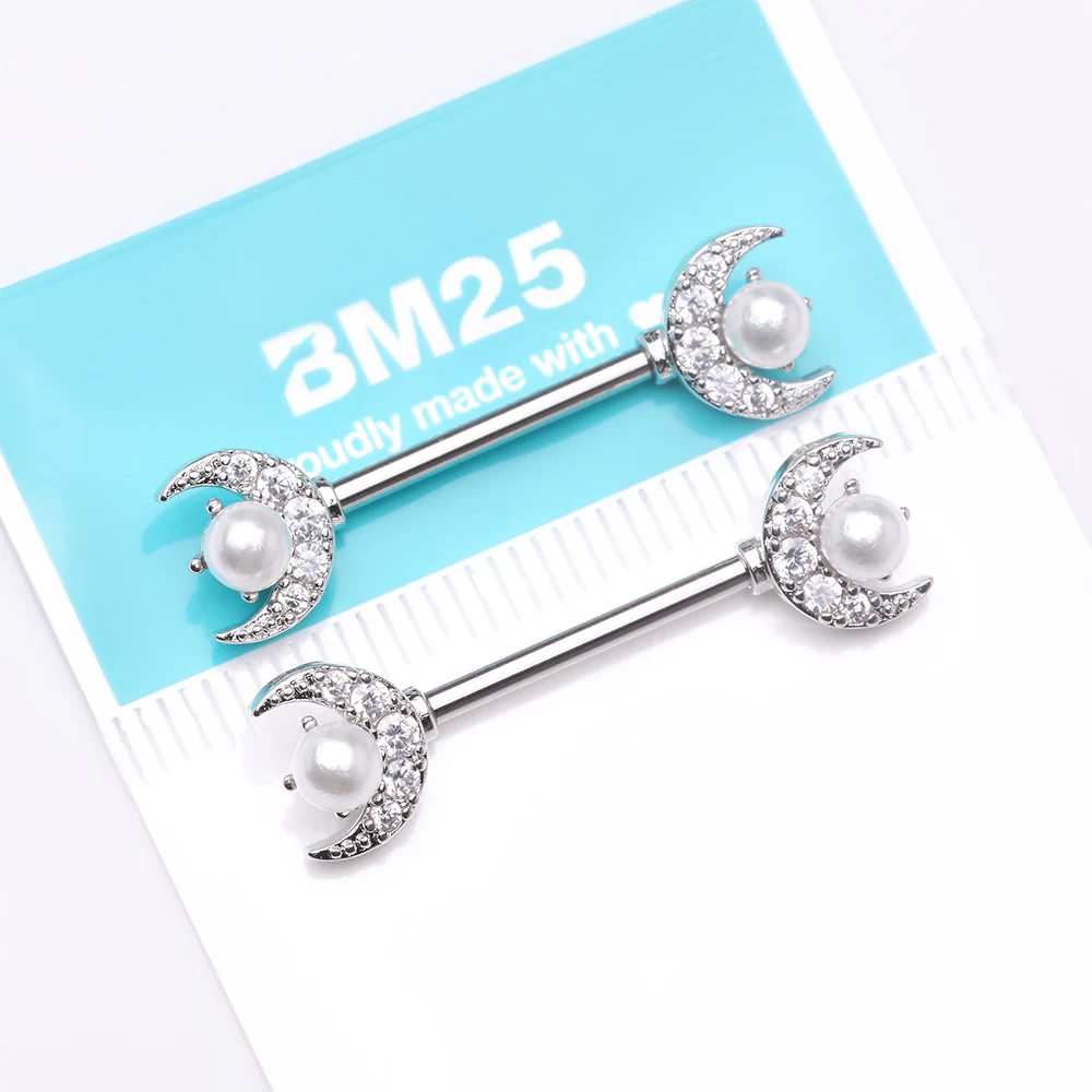 A Pair of Pearlescent Crescent Moon Sparkle Nipple Barbell - Image 4
