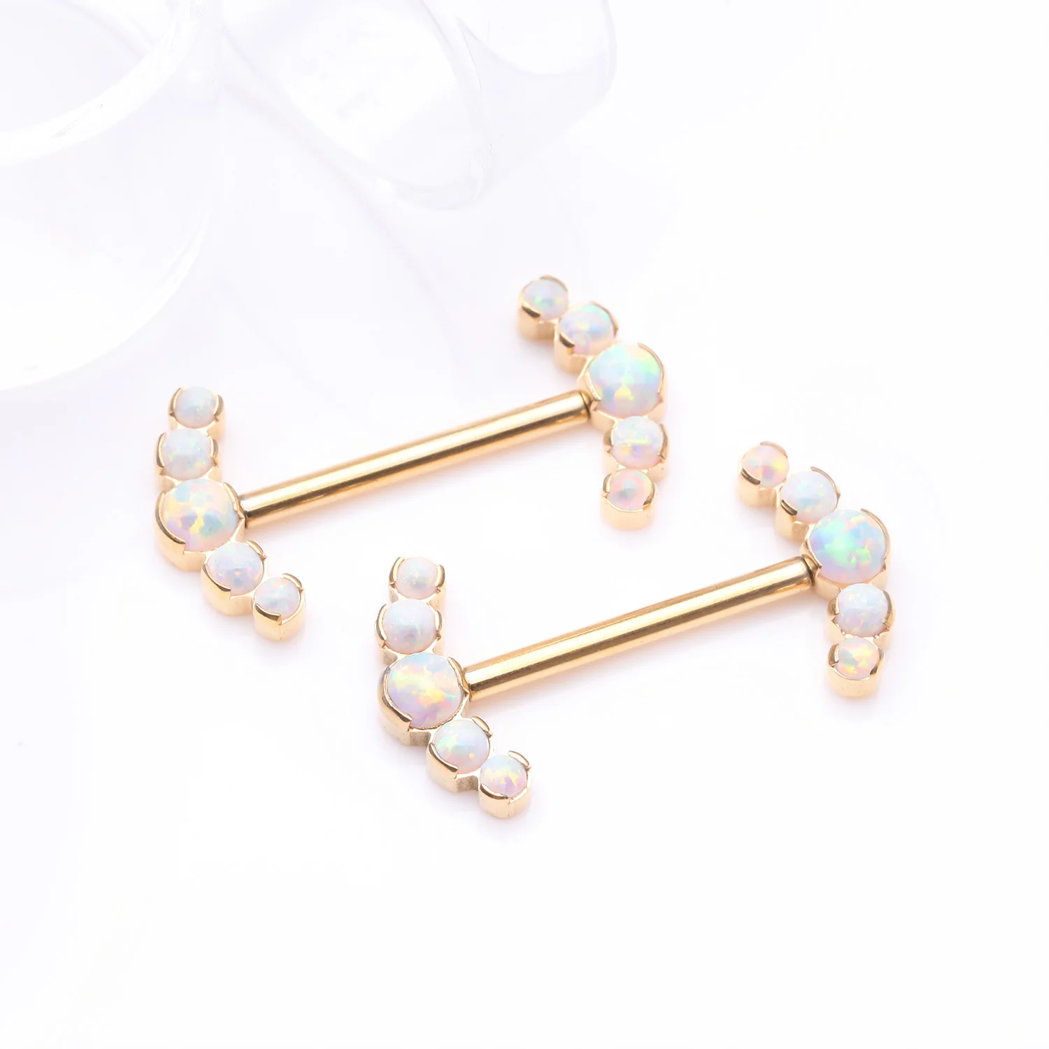 A Pair of Pure24K Implant Grade Titanium Threadless Fire Opal Ray Multi-Gem Nipple Barbell - Image 2