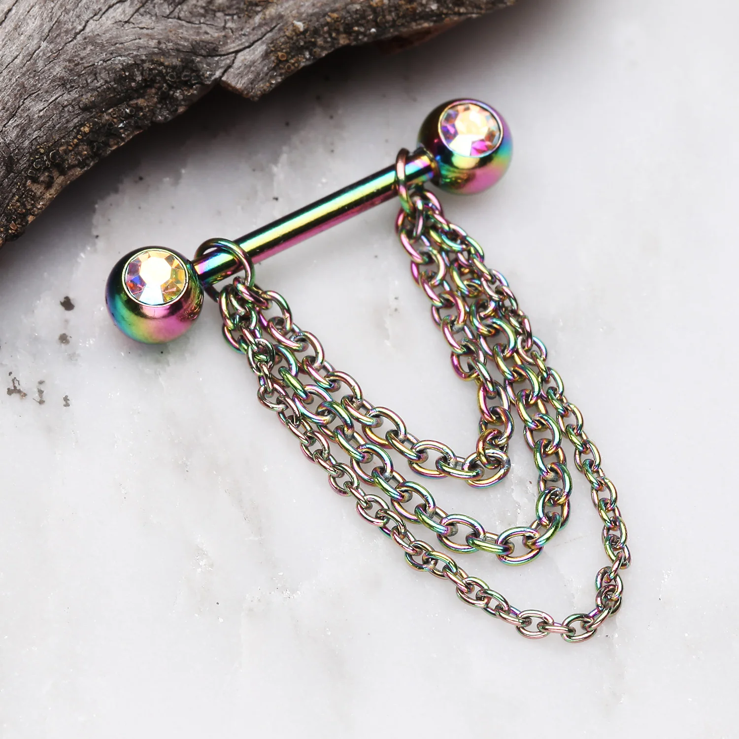 A Pair of Rainbow PVD Chained Sparkle Nipple Barbell - Image 2