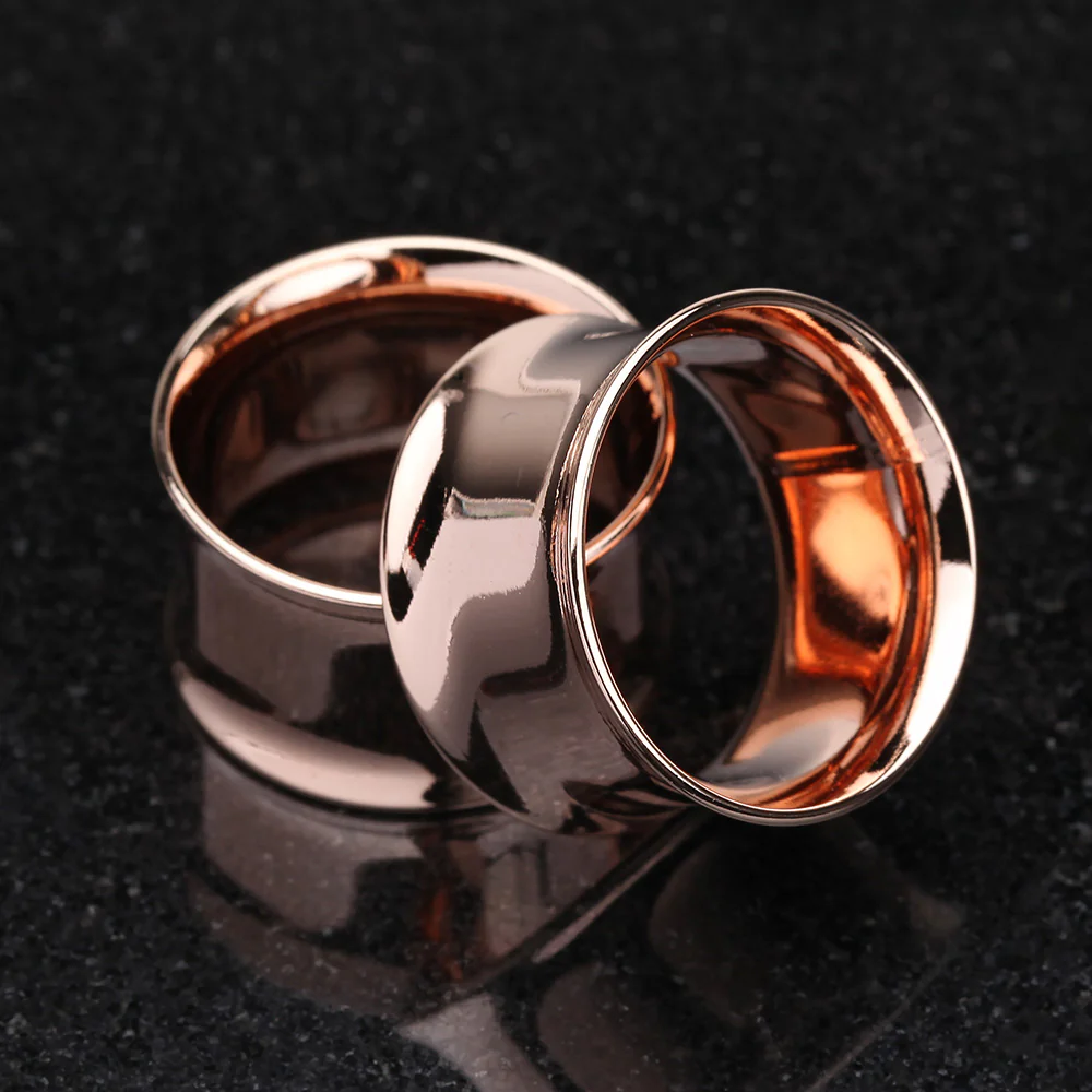 A Pair of Rose Gold PVD Steel Double Flared Ear Gauge Flesh Tunnel Plug - Image 4
